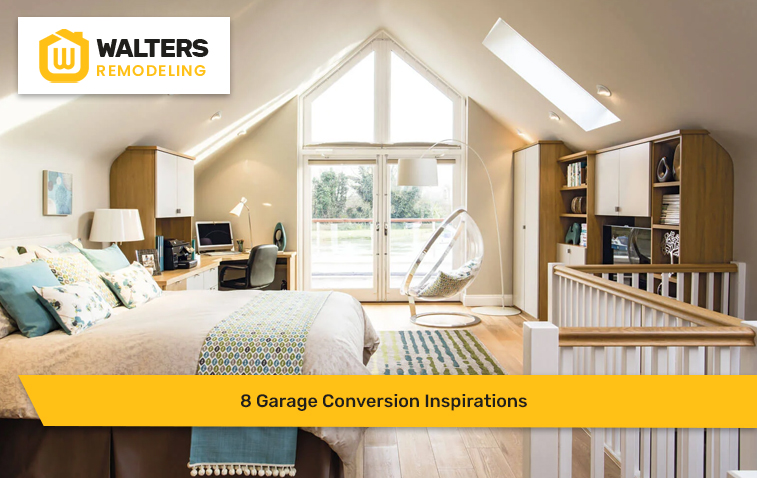 Garage converted into a cozy bedroom with a reading nook and elegant furniture.