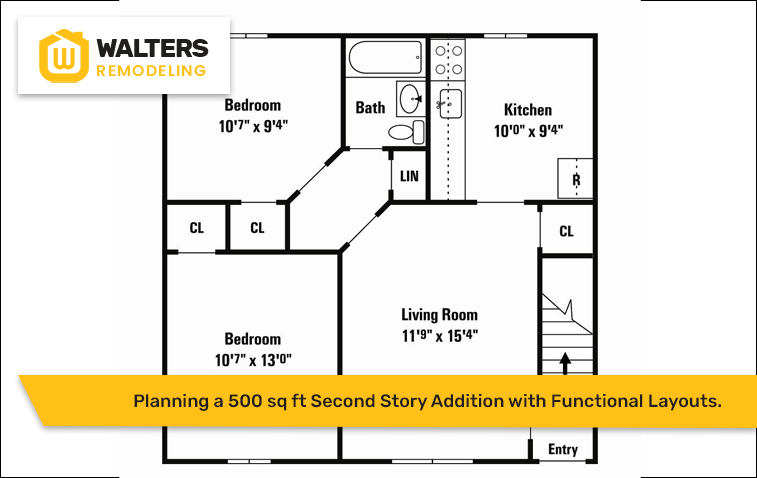 Layout design for a 500 sq ft second story addition